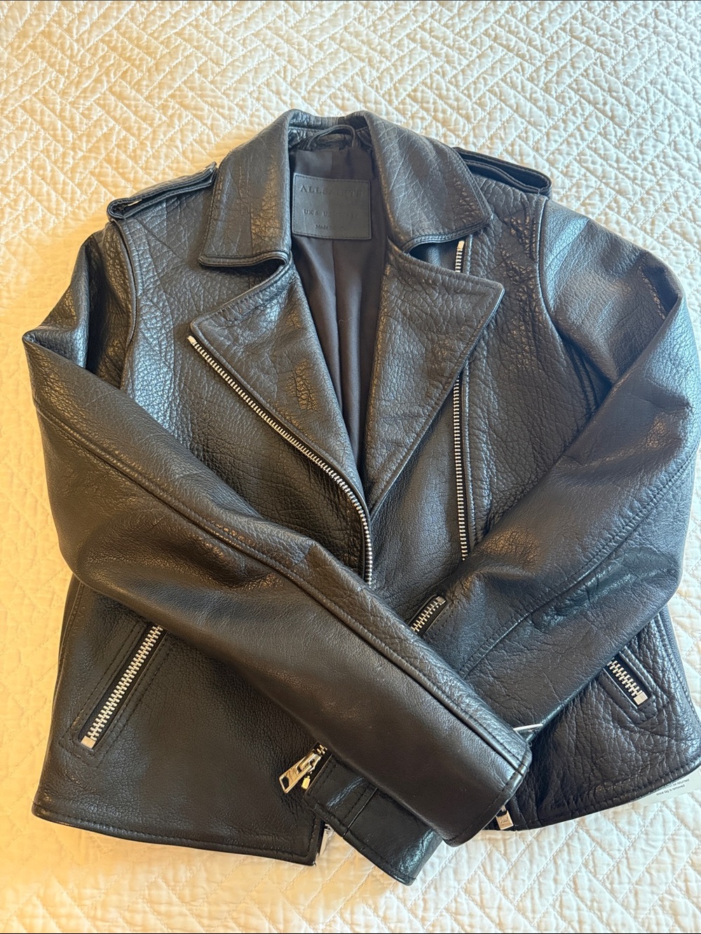 All Saints Black Leather Moto Jacket with Silver Hardware